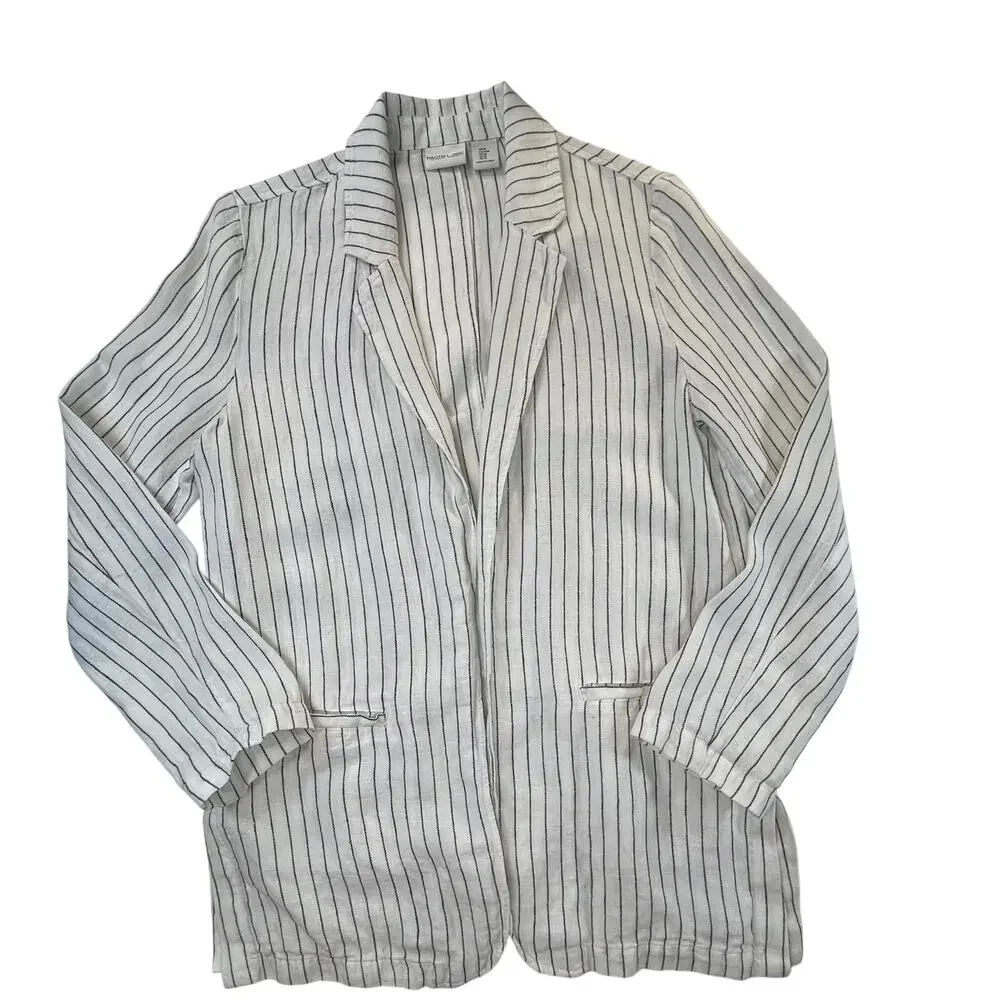 Rachel Zoe Linen Cotton Blazer Sz M White Black Pinstripe Quiet Luxury Coastal